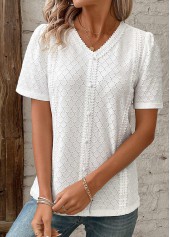 Patchwork White Short Sleeve V Neck Blouse