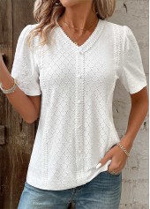 Patchwork White Short Sleeve V Neck Blouse