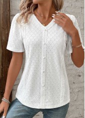 Patchwork White Short Sleeve V Neck Blouse