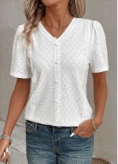 Patchwork White Short Sleeve V Neck Blouse