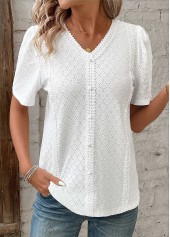Patchwork White Short Sleeve V Neck Blouse