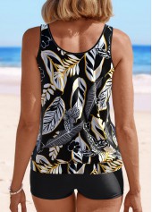 Leaf Print Patchwork Black Tankini Set