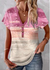 Ombre Patchwork Pink Short Sleeve V Neck T Shirt