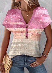 Ombre Patchwork Pink Short Sleeve V Neck T Shirt