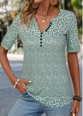 Ditsy Floral Print Button Sage Green T Shirt