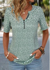 Ditsy Floral Print Button Sage Green T Shirt