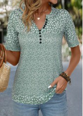 Ditsy Floral Print Button Sage Green T Shirt