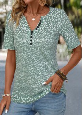 Ditsy Floral Print Button Sage Green T Shirt