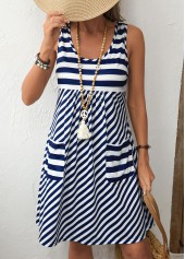 Striped Pocket Navy A Line Sleeveless Scoop Neck Dress
