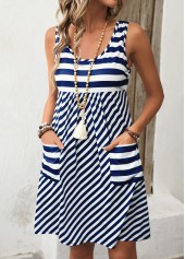Striped Pocket Navy A Line Sleeveless Scoop Neck Dress