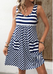 Striped Pocket Navy A Line Sleeveless Scoop Neck Dress