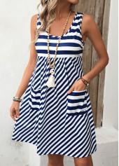 Striped Pocket Navy A Line Sleeveless Scoop Neck Dress