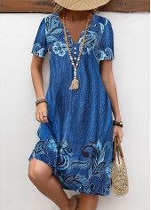 Floral Print Button Denim Blue A Line Dress