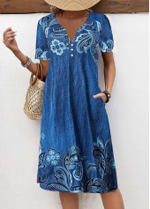 Floral Print Button Denim Blue A Line Dress