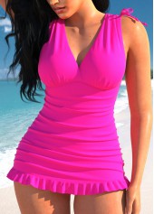 Drawstring Hot Pink Ruched Design One Piece Swimdress