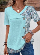 Tribal Print Patchwork Light Blue Short Sleeve T Shirt