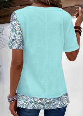 Tribal Print Patchwork Light Blue Short Sleeve T Shirt