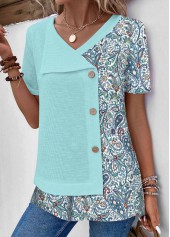 Tribal Print Patchwork Light Blue Short Sleeve T Shirt