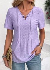 Circular Ring Light Purple Short Sleeve V Neck Blouse