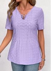 Circular Ring Light Purple Short Sleeve V Neck Blouse