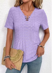 Circular Ring Light Purple Short Sleeve V Neck Blouse