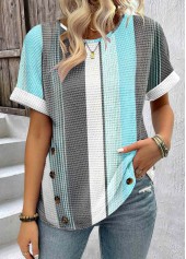 Striped Patchwork Blue Short Sleeve Round Neck T Shirt