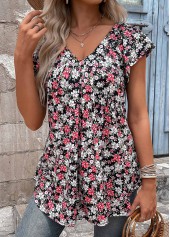 Floral Print Ruched Black Short Sleeve T Shirt