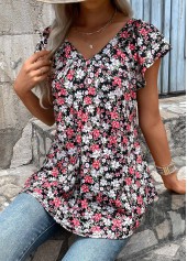 Floral Print Ruched Black Short Sleeve T Shirt
