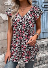 Floral Print Ruched Black Short Sleeve T Shirt