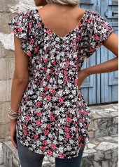 Floral Print Ruched Black Short Sleeve T Shirt