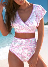 Paisley Print Surplice Pink Bikini Set