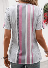 Striped Patchwork Pink Short Sleeve Split Neck Blouse