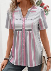 Striped Patchwork Pink Short Sleeve Split Neck Blouse