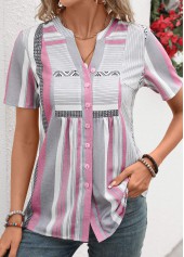 Striped Patchwork Pink Short Sleeve Split Neck Blouse