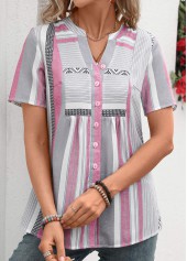 Striped Patchwork Pink Short Sleeve Split Neck Blouse