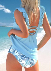 Leaf Print Lace Up Light Blue Tankini Set