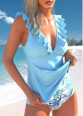 Leaf Print Lace Up Light Blue Tankini Set