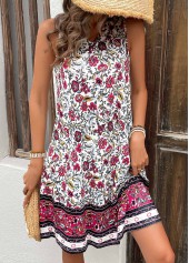 Floral Print Breathable Hot Pink A Line Sleeveless Dress