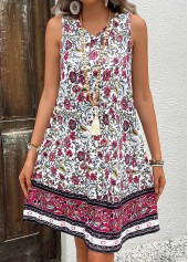 Floral Print Breathable Hot Pink A Line Sleeveless Dress