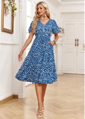 Ditsy Floral Print Pocket Denim Blue Short Sleeve Dress