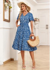 Ditsy Floral Print Pocket Denim Blue Short Sleeve Dress