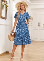 Ditsy Floral Print Pocket Denim Blue Short Sleeve Dress