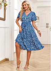 Ditsy Floral Print Pocket Denim Blue Short Sleeve Dress