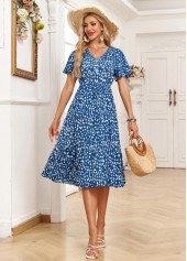 Ditsy Floral Print Pocket Denim Blue Short Sleeve Dress