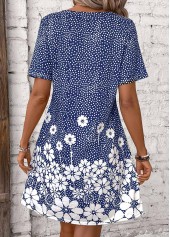 Floral Print Pocket Blue Short Round Neck Dress
