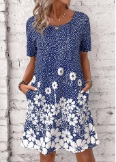 Floral Print Pocket Blue Short Round Neck Dress