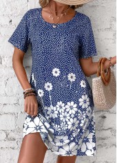 Floral Print Pocket Blue Short Round Neck Dress