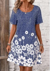 Floral Print Pocket Blue Short Round Neck Dress