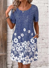 Floral Print Pocket Blue Short Round Neck Dress