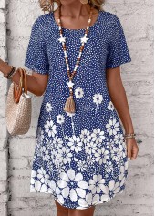 Floral Print Pocket Blue Short Round Neck Dress